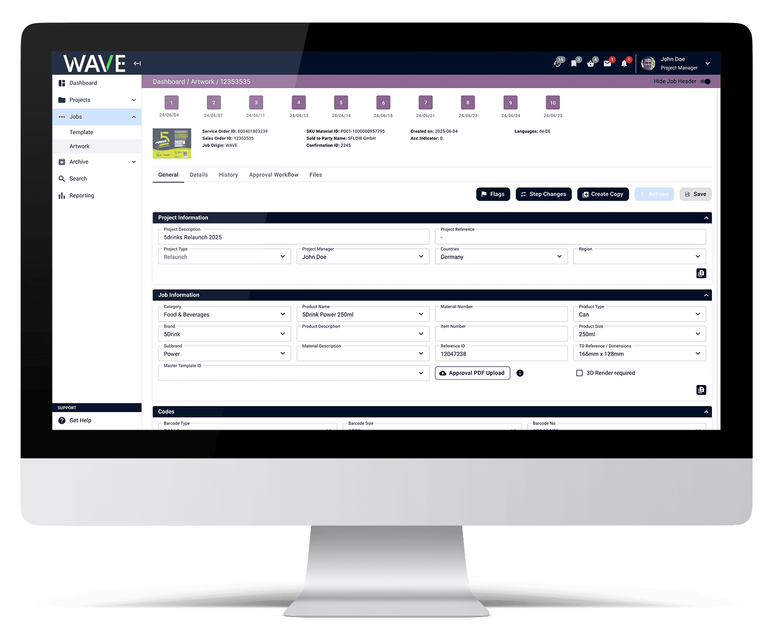 Desktop screen displaying the WAVE platform with detailed project and job information, including product data, specifications, and approval settings for packaging artwork.