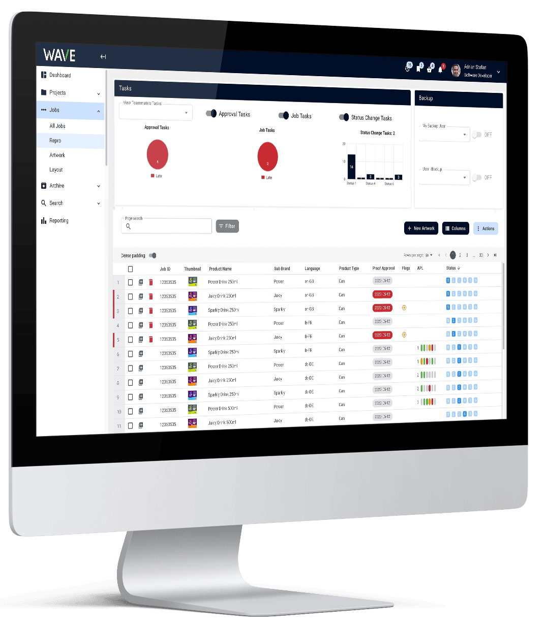 Desktop-Bildschirm mit dem WAVE-Dashboard, das Aufgaben, Freigabestatus und Projektfortschritt für laufende Artwork- und Verpackungsprojekte zeigt.