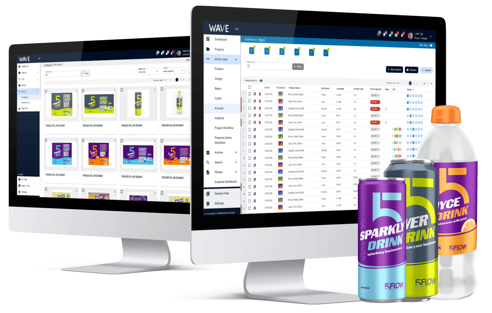 Two desktop screens showing the WAVE artwork management interface with project dashboards and packaging files, displayed alongside branded beverage packaging mockups.
