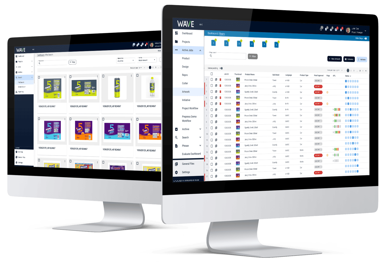 Two desktop screens displaying the WAVE platform with an artwork library and a project overview table, showing files, statuses, and approval progress for packaging projects.