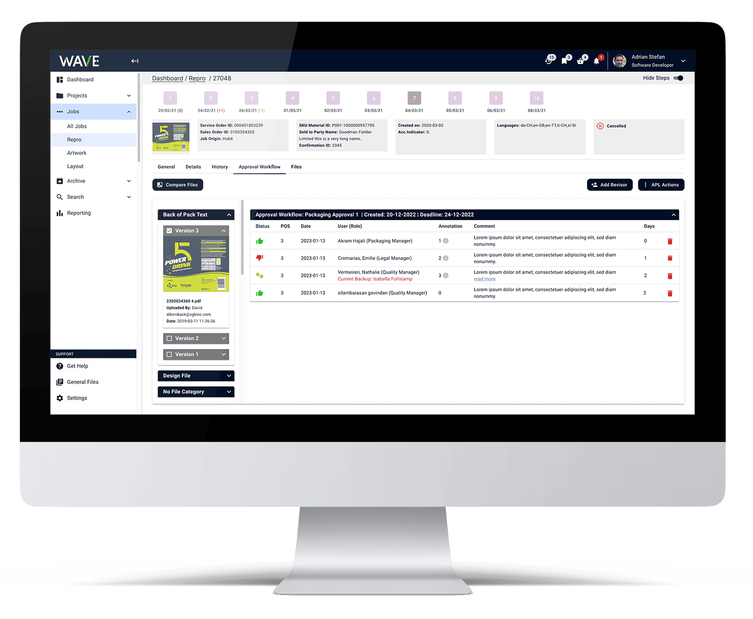 Desktop screen displaying the WAVE platform interface with an artwork approval workflow, including version history, status indicators, and review steps.