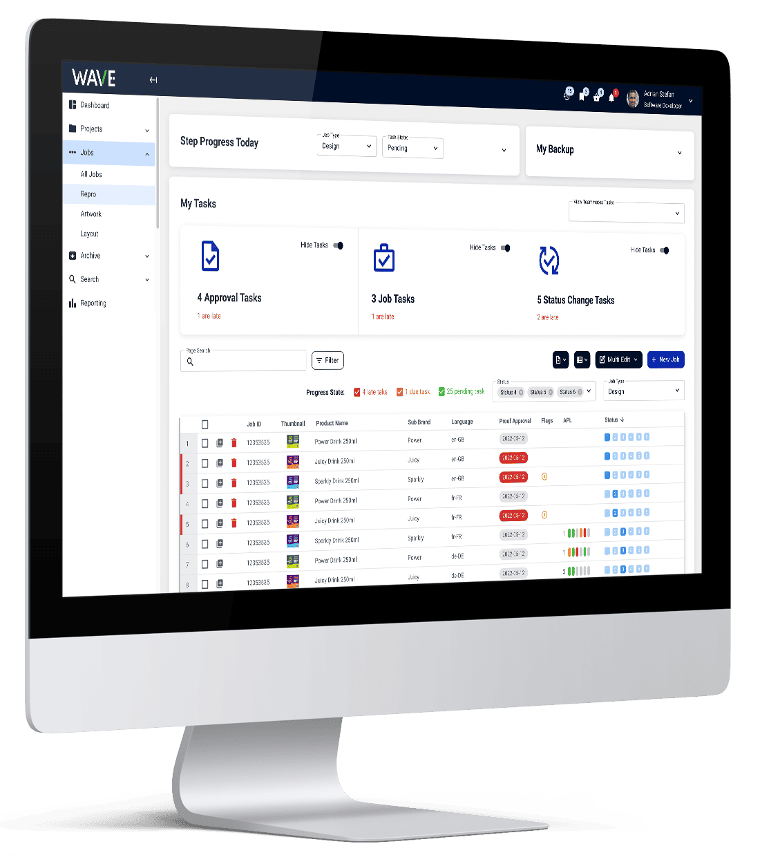 Desktop screen showing the WAVE dashboard with task overview, approval progress, and status tracking for active artwork and packaging projects.